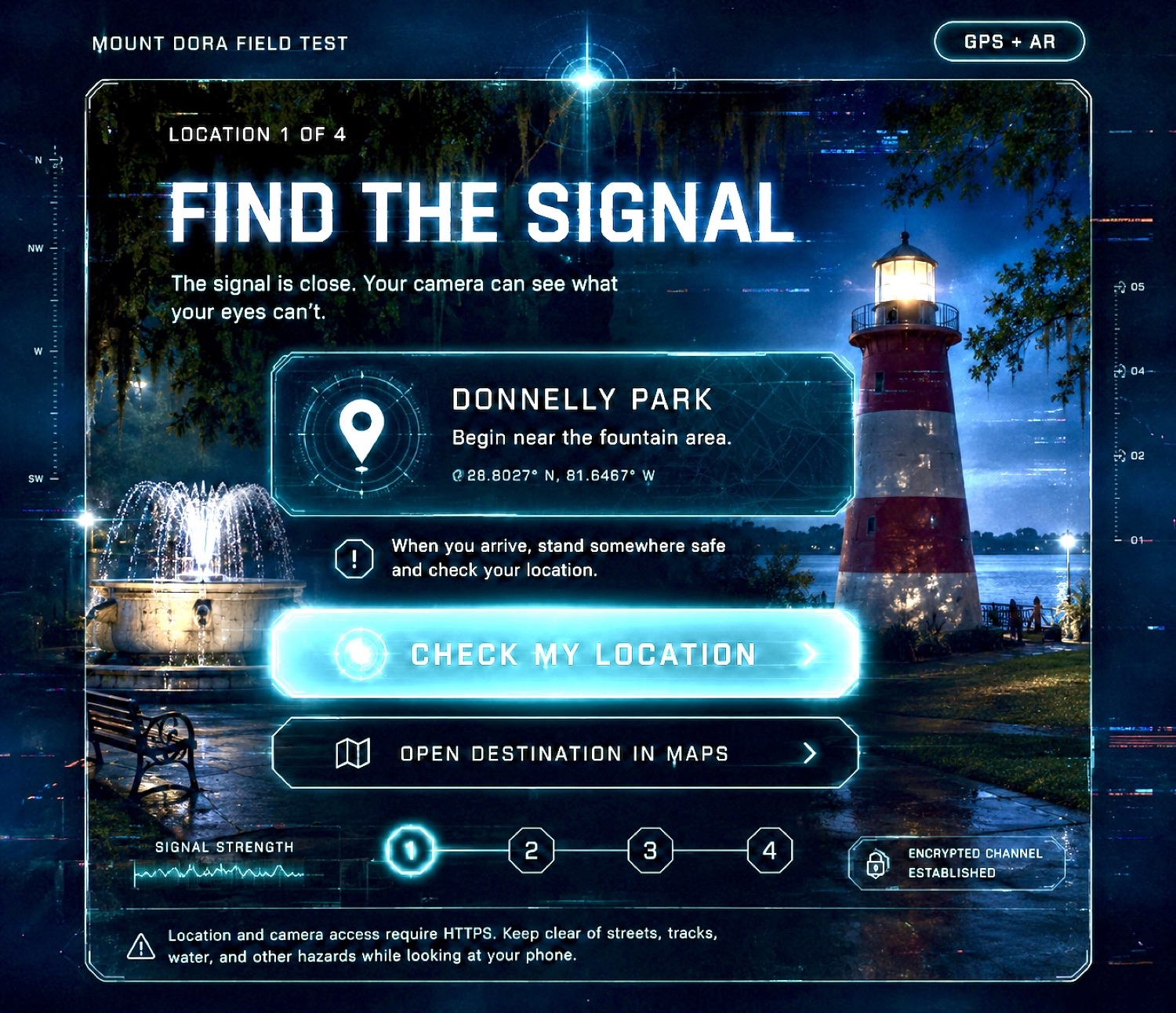 Story Ark Experience location interface for a Mount Dora field test
